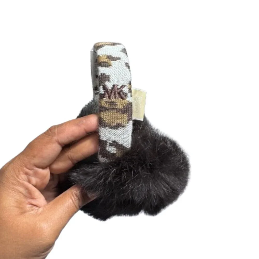 NWT Michael Kors Leopard Wool & Faux Rabbit Fur in Brown & Grey Earmuffs